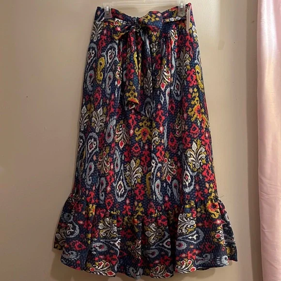 NWT Anthropologie skirt Edith paisley midi ruffle hem sash tie - Picture 1 of 3